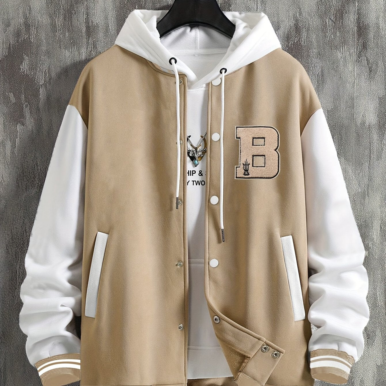 Men'S Baseball Jacket with Letter B Lettering - Navy & Golden Accent Casual Streetwear, Button-Front Closure, Regular Fit Fall/Winter Outerwear, Baseball Jacket