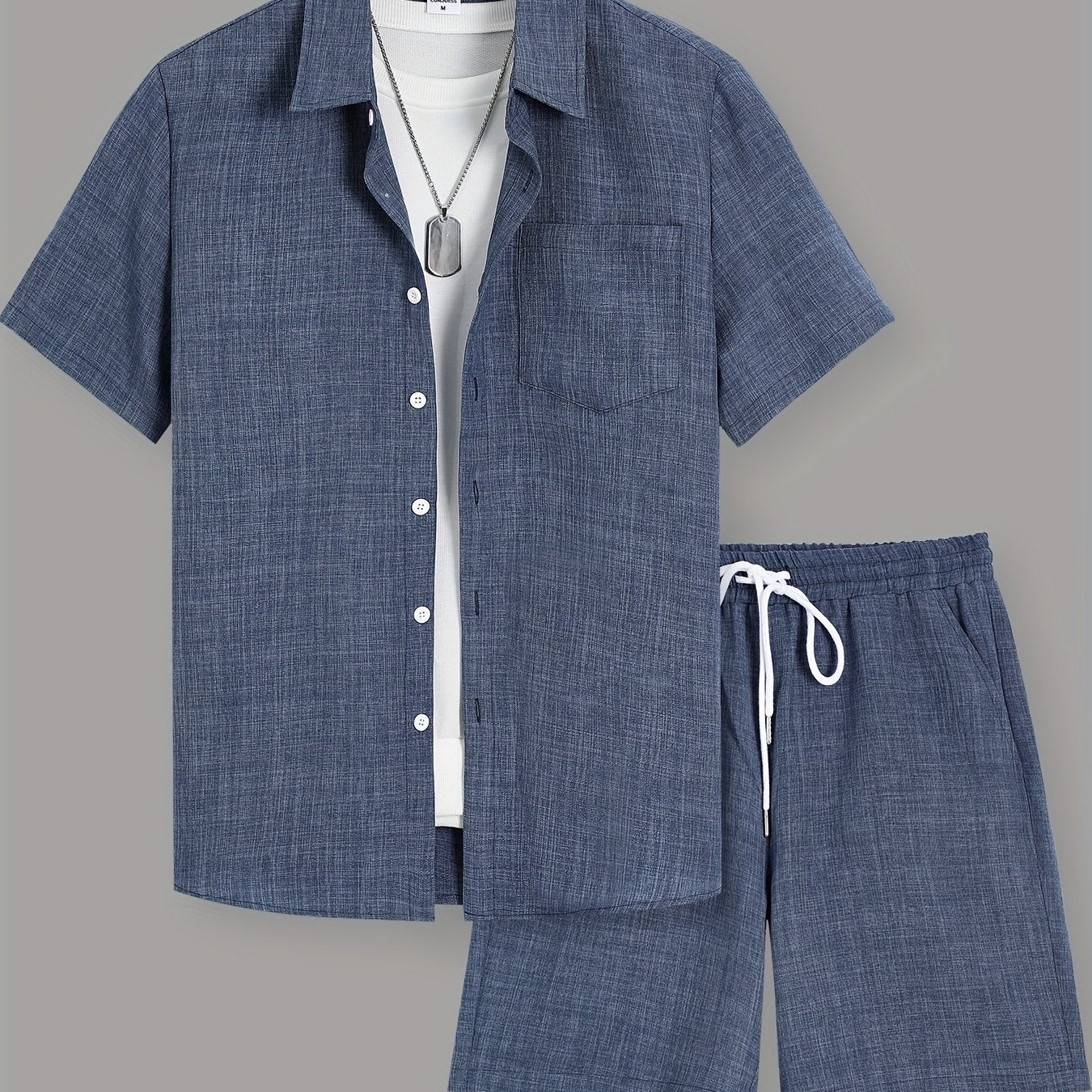 Men'S Summer Casual Short Sleeve Shirt and Drawstring Shorts Set, Solid Color, Lapel Collar, Button Detail, Regular Fit, 100% Polyester, Woven Fabric, Medium Stretch