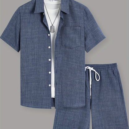 Men'S Summer Casual Short Sleeve Shirt and Drawstring Shorts Set, Solid Color, Lapel Collar, Button Detail, Regular Fit, 100% Polyester, Woven Fabric, Medium Stretch
