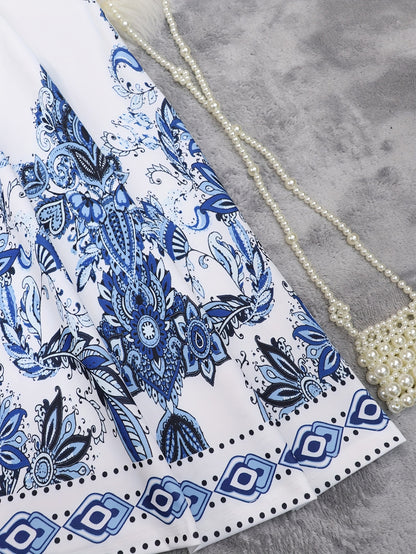 Holiday Cheer] Women's Bohemian Floral Print Half-Sleeve Midi Dress with Belt - V-Neck, Lightweight Polyester, Perfect for Summer Vacations, Casual Summer Wear|Print Casual Dress|Lightweight Dress, Holiday Dress