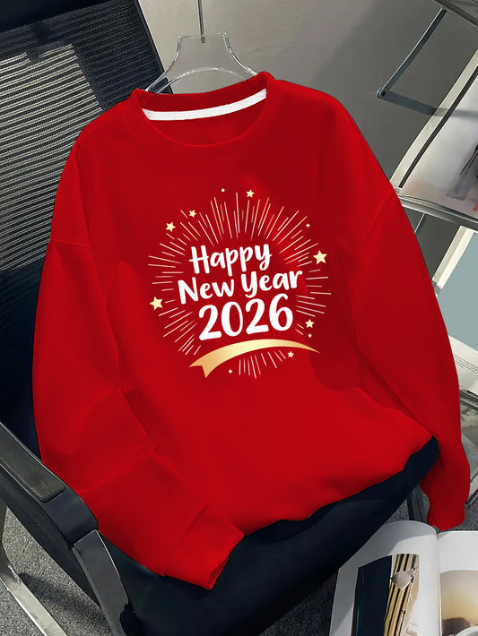 Men's Happy New Year 2026 Print Round Neck Sweater - Casual Long Sleeve Pullover with Chinese/English Lettering, Machine Washable Winter Sweaters for Parties, Daily Wear & New Year Gifts (Happy 2026 Design)