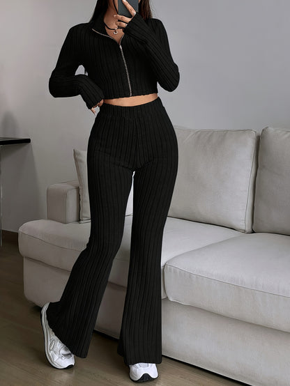 Elegant Zipper Cardigan & Wide Leg Pants Two-Piece Set