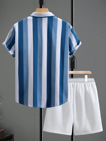 Men's Casual Striped Short-Sleeve Shirt & Shorts Set for Summer