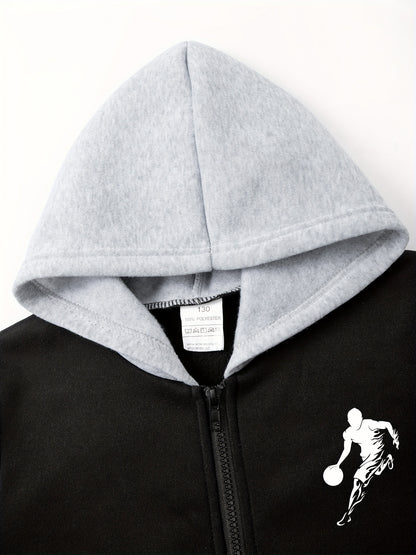 2pcs Boys' Casual Sportswear Set, Fashion Basketball Print Fleece-Lined Zip-Up Hoodie + Pants for Autumn and Winter, Suitable for Daily Wear and Outdoor Activities, Perfect for Outdoor