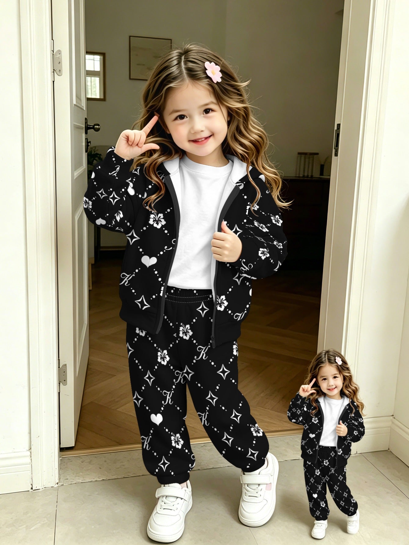Girls' Floral Zip-Up Hoodie Set Lightweight Casual Spring/Fall