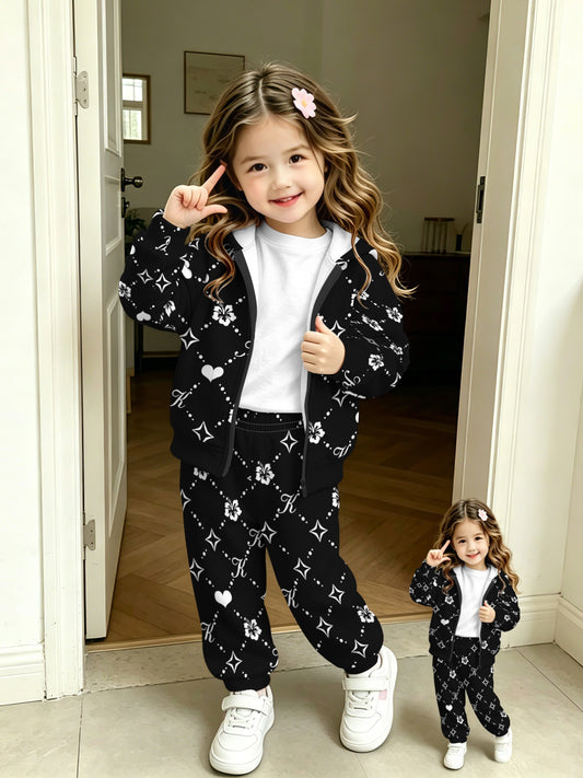 Girls' Floral Zip-Up Hoodie Set Lightweight Casual Spring/Fall - ayq