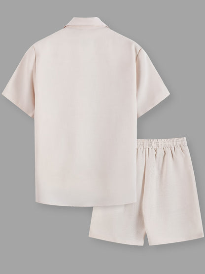 Men's Casual Solid Color Short Sleeve Shirt & Drawstring Shorts Set