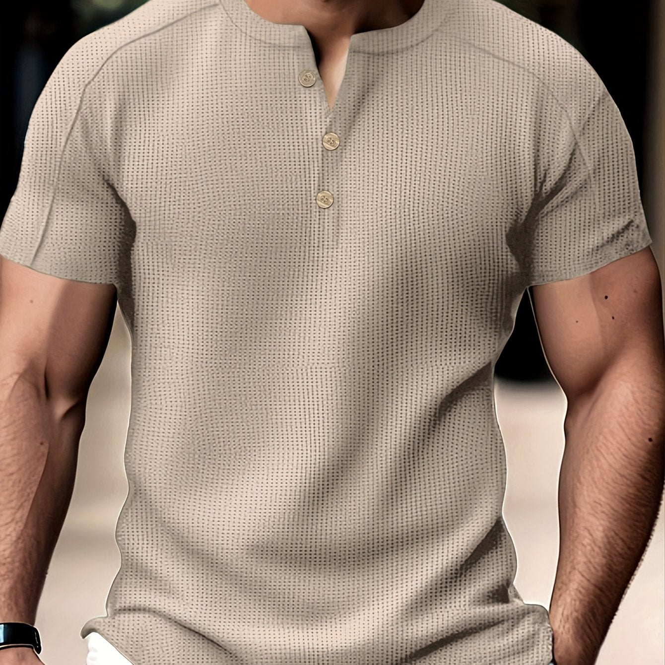 Men'S Long-Sleeve Henry Shirt in Knitted Waffle Style, Featuring Stylish Buttons And a Solid Color, Perfect for High-Quality Casual Outdoor Wear in Spring And Summer.