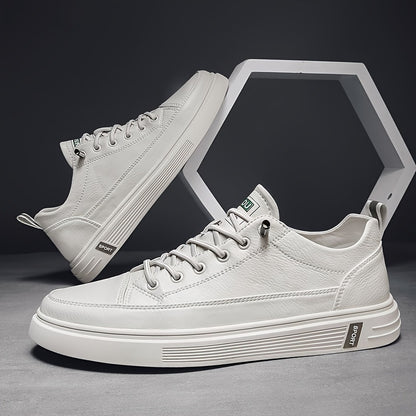 Men's Stylish White Low-Top Sneakers with Feather Design - Slip-Resistant, Lace-Up Casual Shoes for Casual Attire, Walking, Jogging & Travel | Breathable PU Upper, Durable PVC Sole, Comfortable Fabric Lining