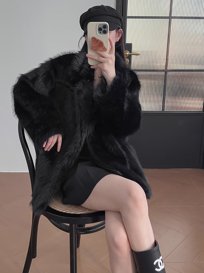 2025 New Autumn/Winter Women's Short Faux Fur Coat with Lapel, Fuzzy Short Outerwear, Casual Fashion Thickened Faux Fur Overcoat
