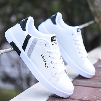 Men'S Fashion Sneakers, White PU Low Top Lace-up Casual Walking Shoes, Solid Striped Design, Breathable Non-Slip, All-Season, Round Toe, Fabric Inner, PVC Sole, Cloth Insole - Preppy Vintage Style