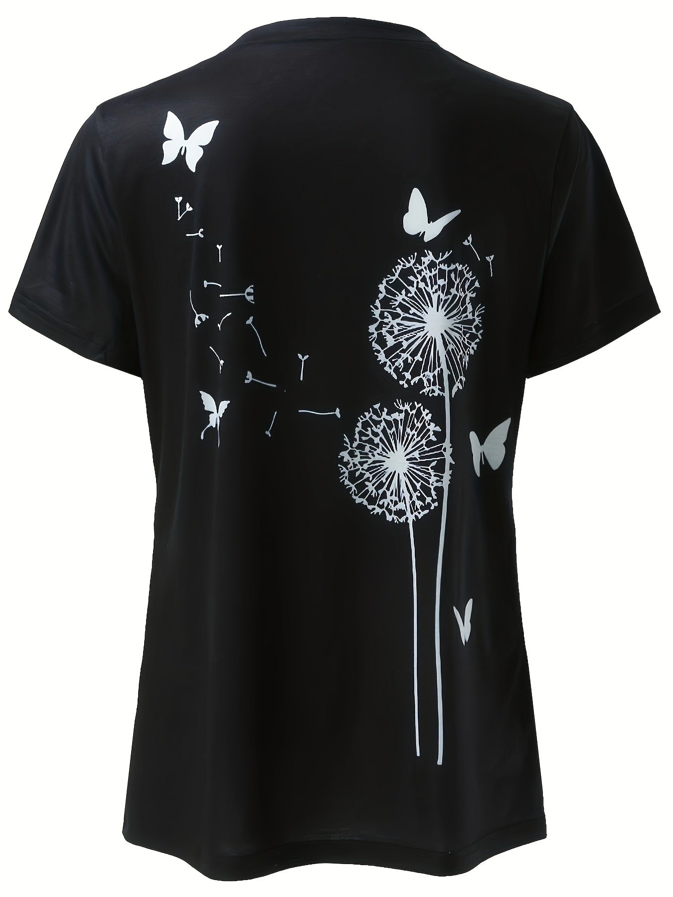 Dandelion &amp; Butterfly Print T-shirt, Casual Crew Neck կարճ թև վերնաշապիկ գարնան և ամառի համար, կանացի հագուստ