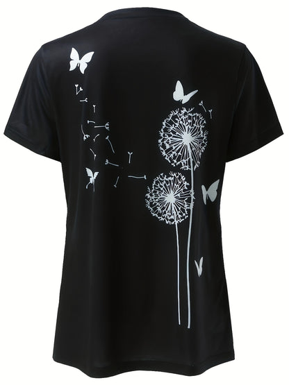 Dandelion &amp; Butterfly Print T-shirt, Casual Crew Neck կարճ թև վերնաշապիկ գարնան և ամառի համար, կանացի հագուստ