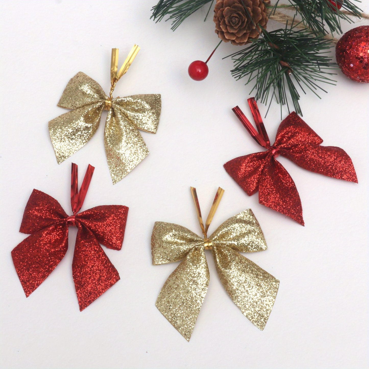 60pcs Elegant Red & Golden Glitter Mini Bows with Golden Ribbon - Durable Polyester Christmas Tree Decorations, Wreaths, Gift Wrapping, Crafts - Shiny Glossy Bows with Sharp Tip for DIY, Party Decorations, Holiday Ornaments (