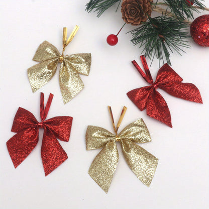 60pcs Elegant Red & Golden Glitter Mini Bows with Golden Ribbon - Durable Polyester Christmas Tree Decorations, Wreaths, Gift Wrapping, Crafts - Shiny Glossy Bows with Sharp Tip for DIY, Party Decorations, Holiday Ornaments (
