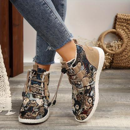 Կանացի հարմարավետ ձմեռային կոշիկներ - Հարմարավետ, սահելով հագնվող, միջին բարձրության կոշիկներ հաստ ներբանով, կլոր քթով, սպիտակ և սև ժանյակավոր դիզայնով - Իդեալական են ցուրտ եղանակի, ձյան և ձմեռային կոշիկների համար: