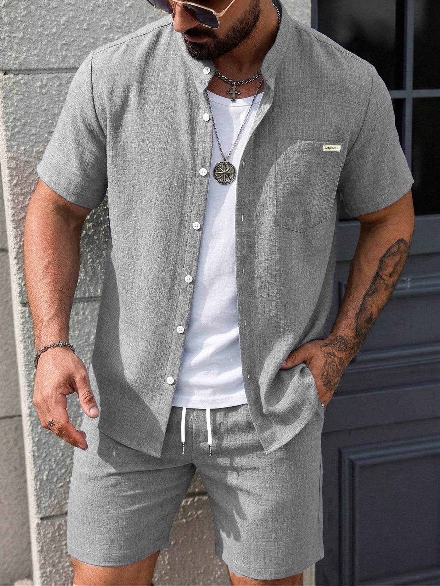 Men's Summer Casual 2-Piece Set Short Sleeve Shirt & Shorts