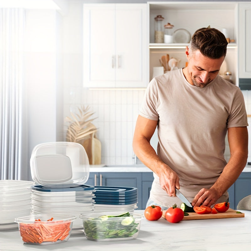 10pcs Clear Plastic Food Storage Containers with Blue Lids - Stackable, Reusable, Perfect for Kitchen Organization - Ideal for Grains, Meats, Fruits, Vegetables - Dishwasher & Microwave Safe