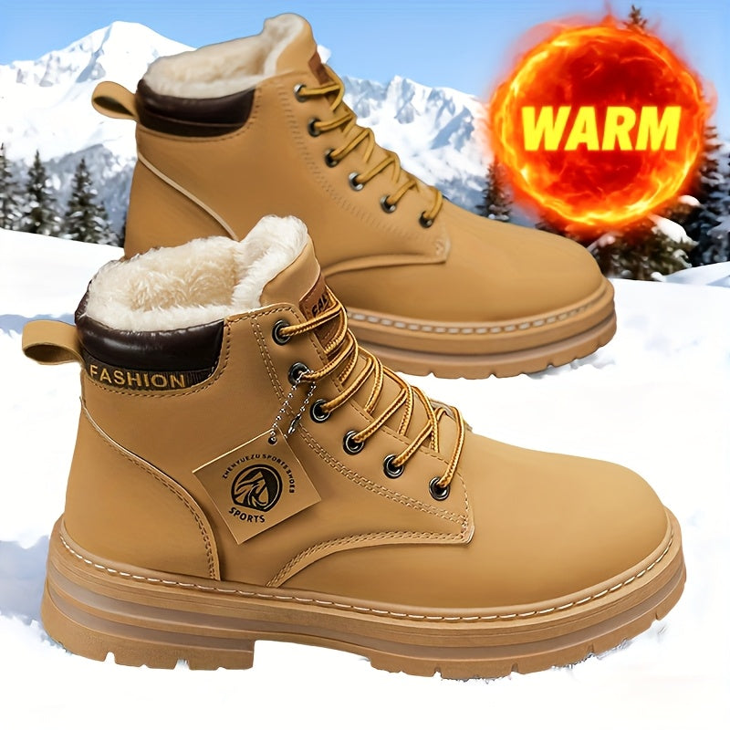 Men's Snow Sports Training Shoes for Autumn and Winter, Featuring a Plush-lined Thick Design for All-over Comfort. Soft, Light Beige-friendly, and Thickly Insulated for Warmth, Suitable for Various Winter Leisure Activities.