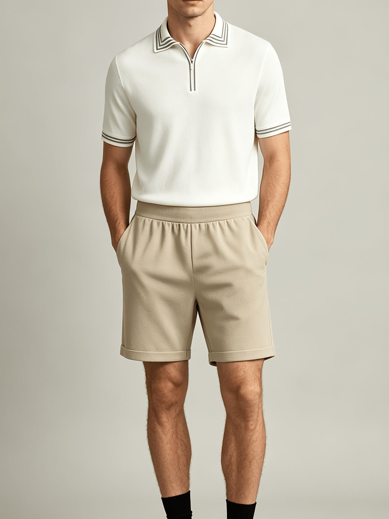 Men's Casual Striped Knit Polo & Lightweight Shorts Set