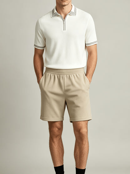 Men's Casual Striped Knit Polo & Lightweight Shorts Set