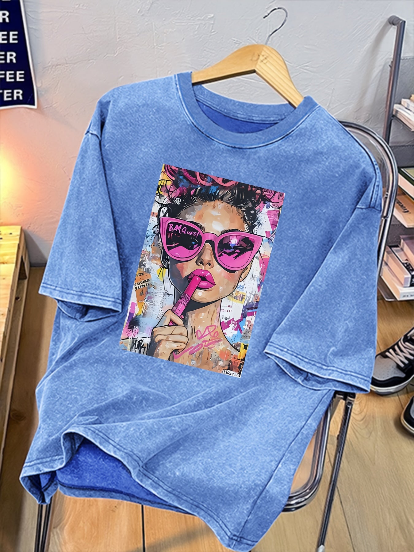 Women's Vintage Washed Cotton Blend T-Shirt with Bold Pop Art