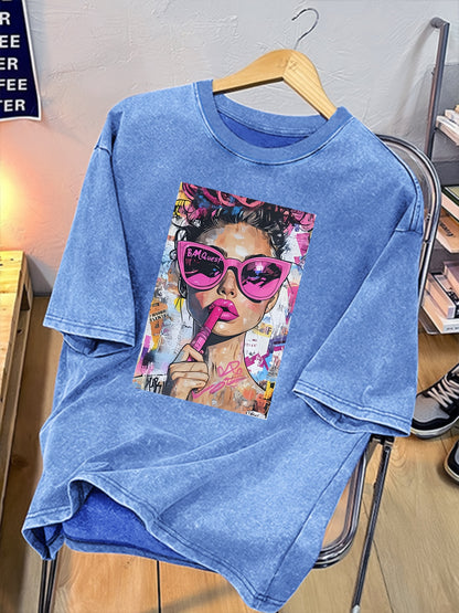 Women's Vintage Washed Cotton Blend T-Shirt with Bold Pop Art