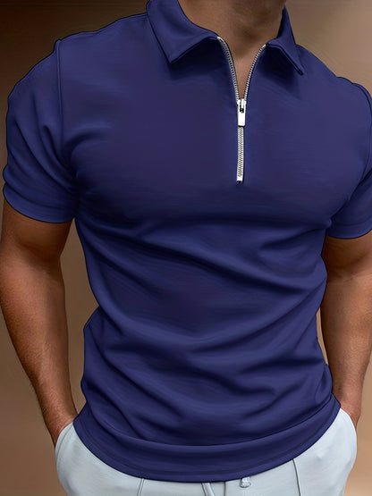 [Golf Apparel] Men's Classic White Shirt - Casual Summer Style with Short Sleeves, Zipper Collar, and Stretch Polyester Fabric - Perfect for Streetwear & Golf