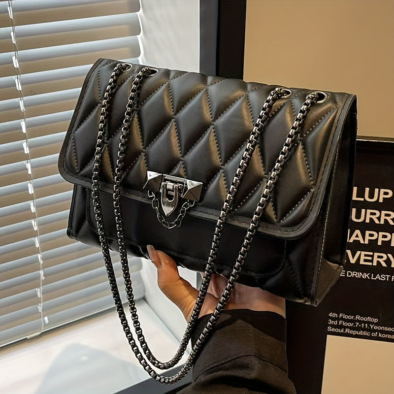 Կանացի սև վանդակավոր, խաչաձև պայուսակ, նորաձև, շղթայական ժապավենով ուսի պայուսակ, սառը սեղմված կարվածքով, բացվող կափարիչով, PVC-ով պատված սինթետիկ կաշվե ձեռքի պայուսակ, հարմար է կանանց համար - Քաղաքային ոճ