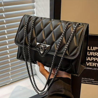 Կանացի սև վանդակավոր, խաչաձև պայուսակ, նորաձև, շղթայական ժապավենով ուսի պայուսակ, սառը սեղմված կարվածքով, բացվող կափարիչով, PVC-ով պատված սինթետիկ կաշվե ձեռքի պայուսակ, հարմար է կանանց համար - Քաղաքային ոճ