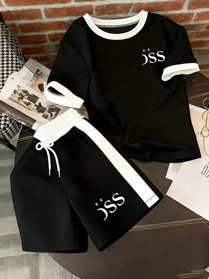 Women's Summer 2-Piece Set: Short Sleeve Top & Shorts, Elegant Geometr