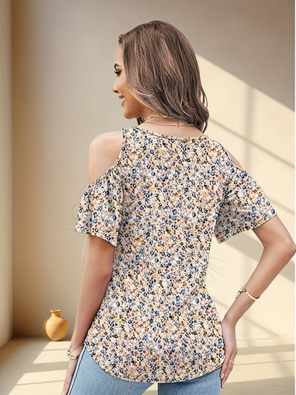 Women'S Summer V-Neck Pleated Floral Print Sexy Off-Shoulder T-Shirt