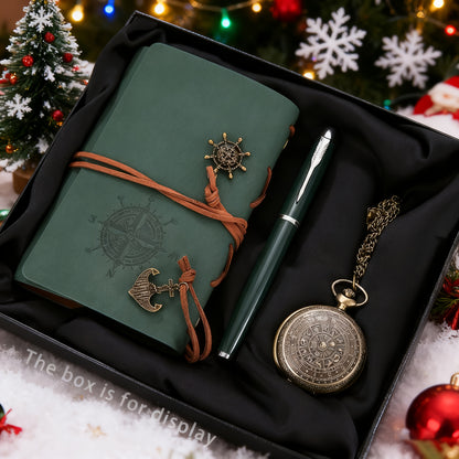 3pcs Men's classic retro style quartz pocket watch + pirate elements diary writing pen gift box set The best choice for holiday birthday gifts