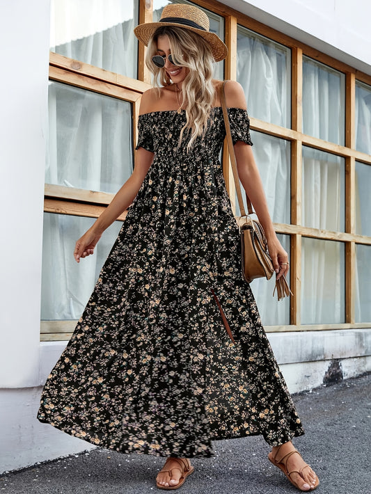 Floral Print Off Shoulder Dress, Elegant Short Sleeve Aline Dress For Spring & Summer, Women's Clothing