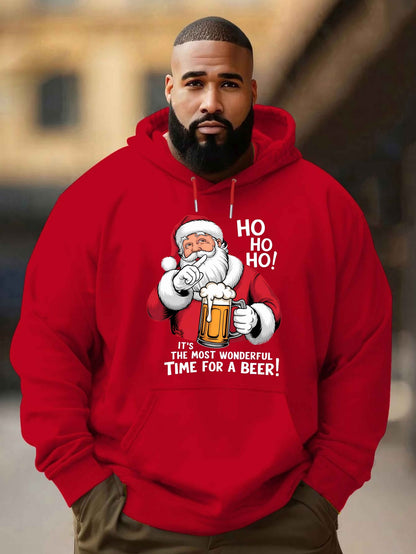 Men'S Red Hoodie with Santa Claus & Beer Mug Graphic - "Ho Ho Ho! It'S the Most Wonderful Time for a Beer!" - Cozy Plush Pullover for Fall & Winter, Casual Holiday Wear, Christmas Clothes, Plus Size