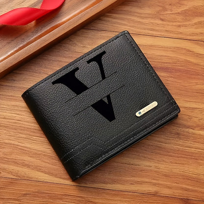 1pc Men's Business Style Faux Leather Wallet, Customizable Text and Initials, Solid Color Faux Leather with Contrast Accents, Compact Short Bifold Design for Easy Carrying - Perfect Birthday Gift for Boyfriend and Father, Per