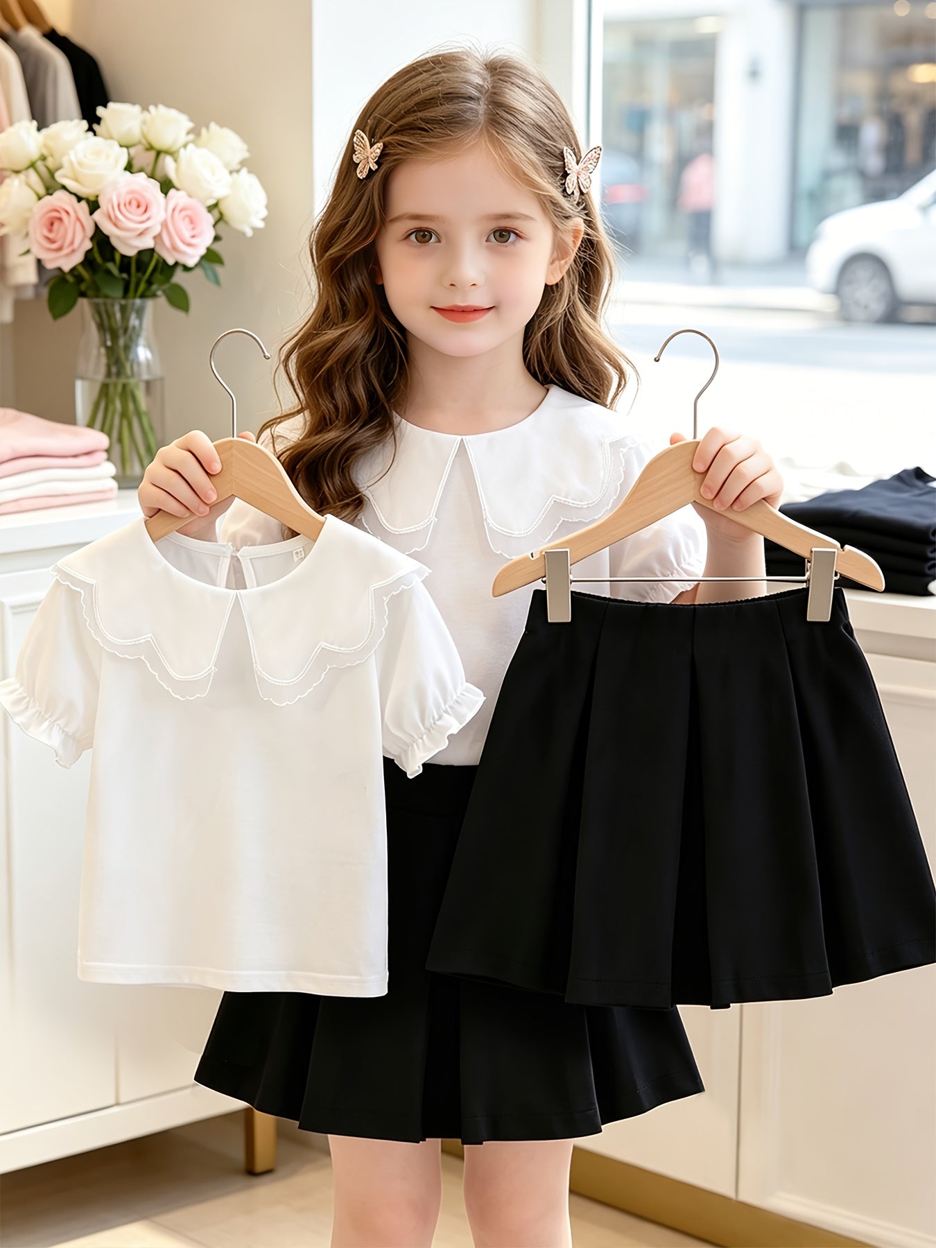 Girls' Summer 2-Piece Skirt Set with Lace Lapel T-Shirt