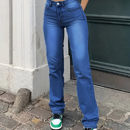High Waist Light Washed Straight Jeans, Slash Pocket Casual Loose Fit Denim Pants, Women's Denim Jeans & Clothing