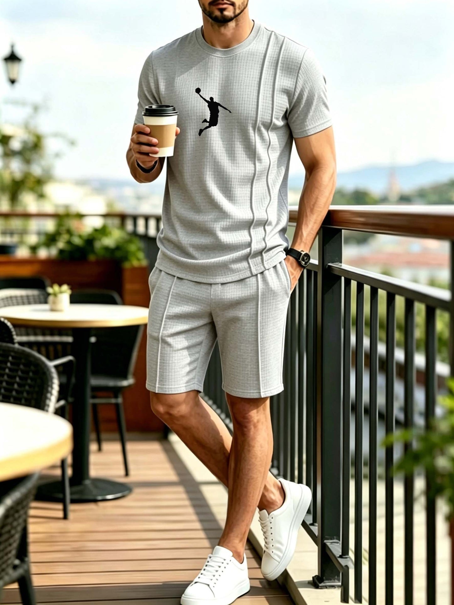 Men's Summer Casual Athletic Crew Neck T-Shirt & Shorts Set