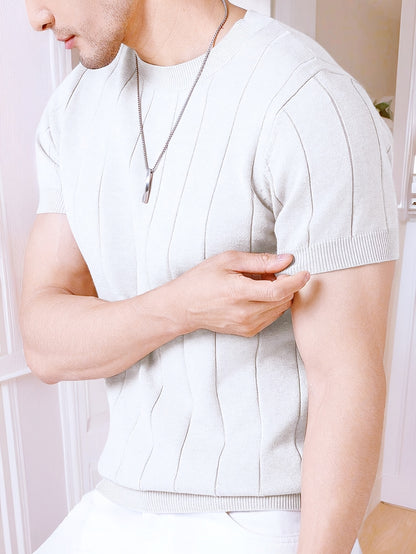 New Summer Short-Sleeve Knitted Men's Light Luxury Crew Neck Slim Fit Business Cool Y T-Shirt, Lightweight, Breathable, Versatile, Stretchy, Slim Fit Top for Men - ayq