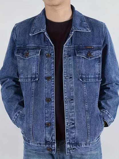 Men's Spring/Autumn Denim Jacket - Casual Chic Style, Black Blend with Red Accents, Button-Up with Flap Pockets, Long Sleeves, Ideal for Hiking & Casual Attire, Outdoor Apparel|Classic Denim Style|Durable Fabric