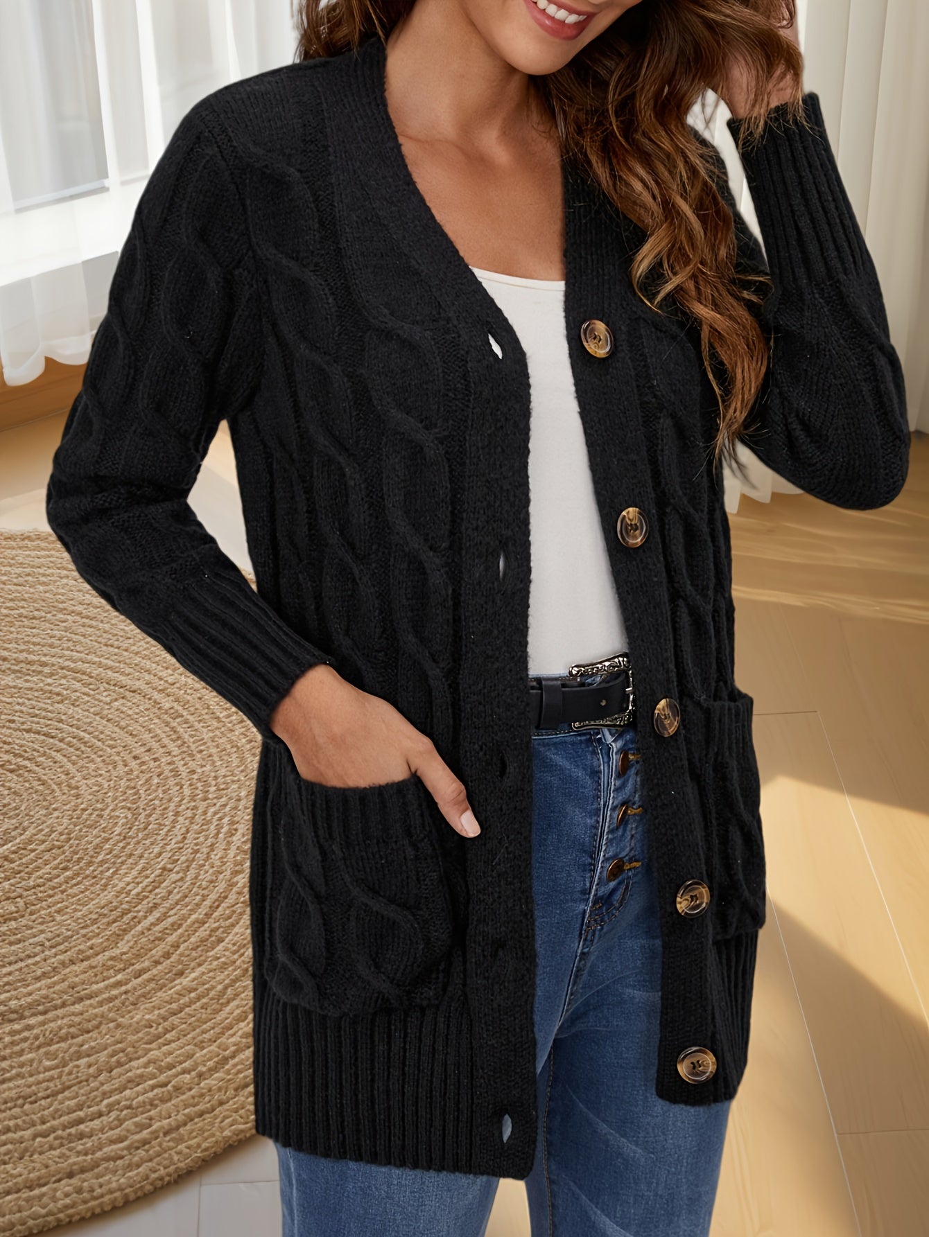Elegant Women's Cable-Knit Cardigan - Cozy Button-Up V-Neck Sweater Jacket with Pockets, Long Sleeves in Heather Gray, 100% Polyester, Machine Washable for Fall/Winter