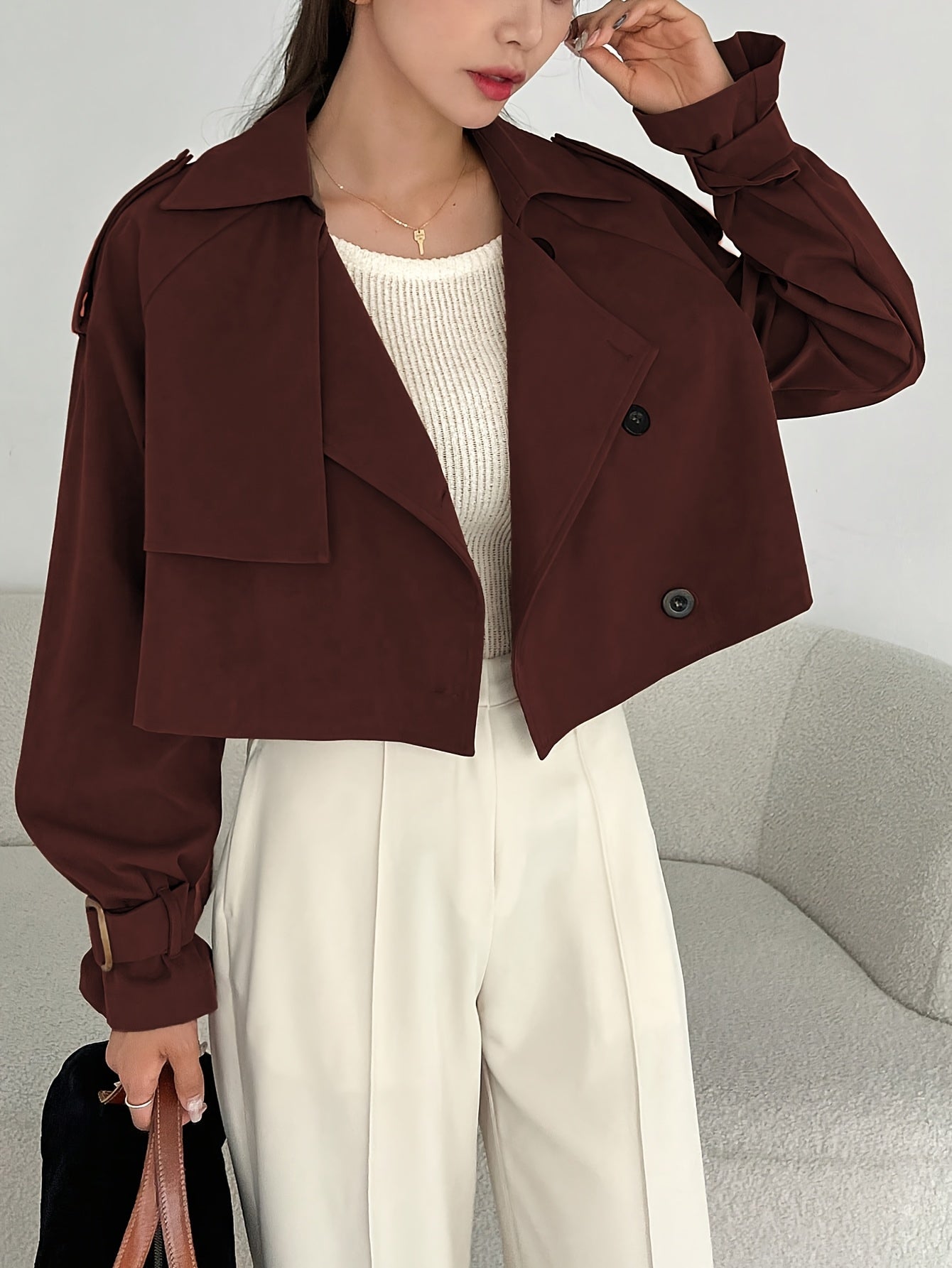 Կանացի էլեգանտ միագույն կարճ քամուց պաշտպանիչ բաճկոն - թեթև, բազմակողմանի վերնազգեստ առօրյա և պաշտոնական հանդերձանքի համար, հեշտ խնամքի համար՝ ձեռքով լվացում/քիմմաքրում, դիմացկուն գործվածք