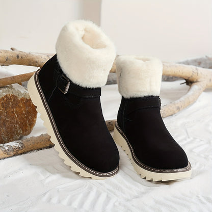 Women's Winter Snow Boots with Plush Faux Fur Collar & Buckle Closure - Round Toe TPR Sole Slip- Warm Ankle Boots, Soft Fabric Upper & Lining, Black/White/Beige/Coffee Brown - Casual & Formal Winter Footwear for Snow & Ice -