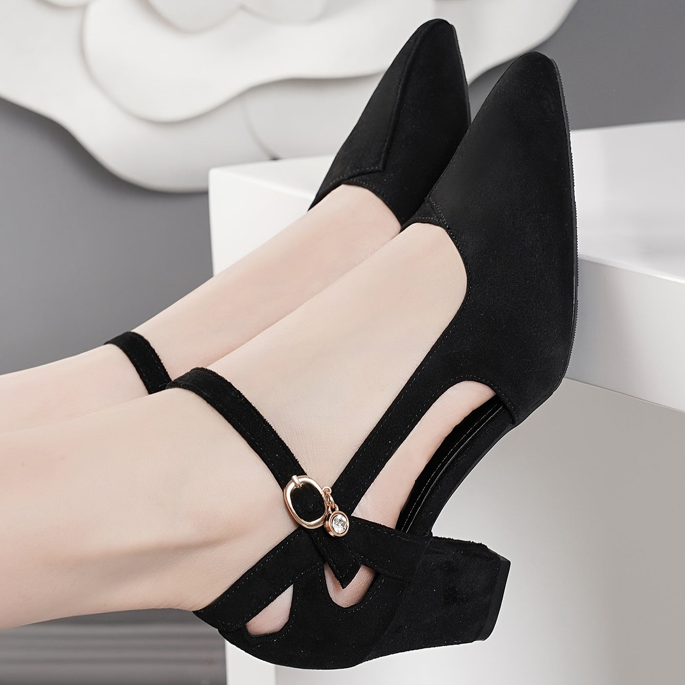 Chic Women's Summer Shoes - Pointed Toe, Chunky Heel with Crystal Accents, Faux Cover  Velvet Lining