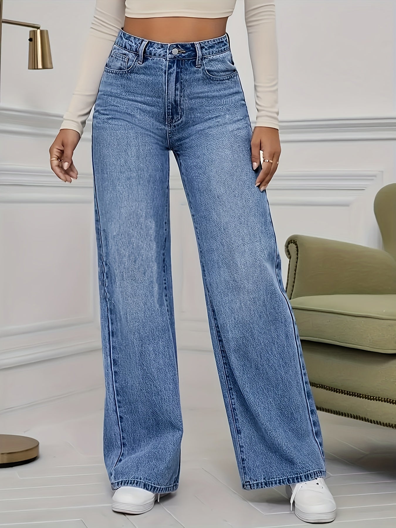 Women's Fashion Stretch Denim JK8820-T# Long Pants, Casual Washed Jeans, Straight Fit, No Belt, All-Season, Solid Color, Regular Length, Built-in Zipper, CPUY Brand