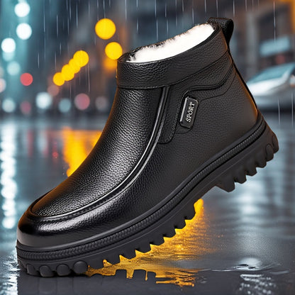 Տղամարդկանց ձմեռային ձնագնացքներ, կոճի բարձրությամբ, փափուկ ներդիրով՝ ջերմության համար, հարմարավետ սլիպ-օն դիզայն, դիմացկուն PU վերնամաս և PVC ներբան, իդեալական է բացօթյա գործունեության և ամենօրյա կրման համար: