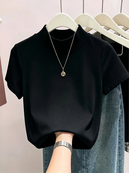 Women’s Summer Cotton Short Sleeve High Neck T-Shirt