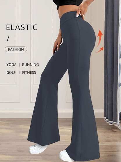 High-Waisted Flared Leggings for Women - Stretchy Black Polyester Pants with Tummy Control, Slimming Fit, and Breathable Design for Spring/Summer/Fall Casual Wear, Spring Summer Leggings | Fitted Leggings | Elastic Waistband