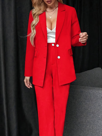 Chic Suit Set, Casual Long Sleeve Button-Decorated Blazer and Elastic Waist Pants Two-Piece